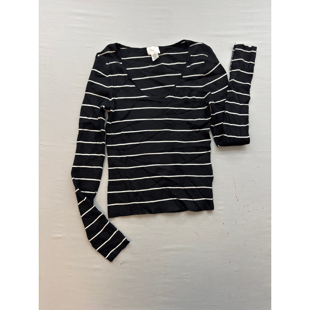HM Womens Large Black White Striped Ribbed Knit Scoop Neck Long Sleeve Top
